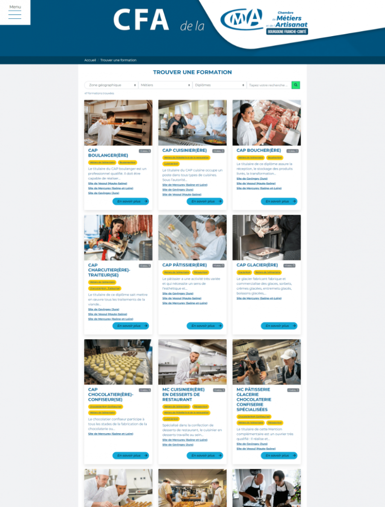 Formations de la chambre de métiers et de l'artisanat de Bourgogne Franche Comté