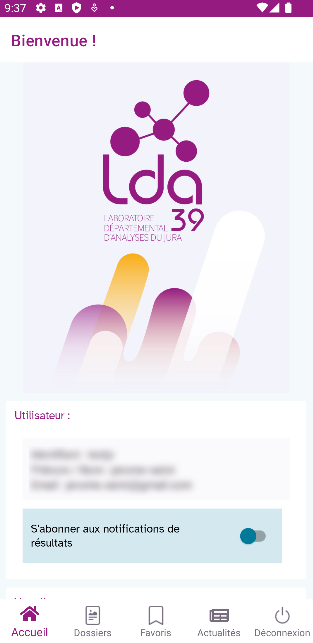 Accueil de l'application mobile LDA