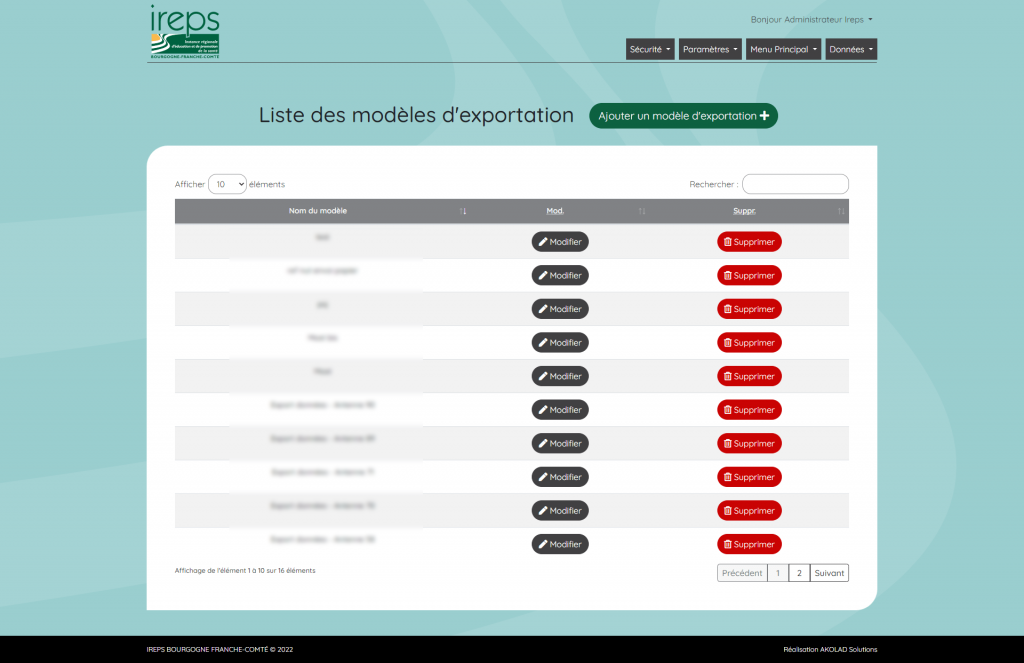 écran des modèles d'exportation de l'outil de gestion de l'IREPS BFC