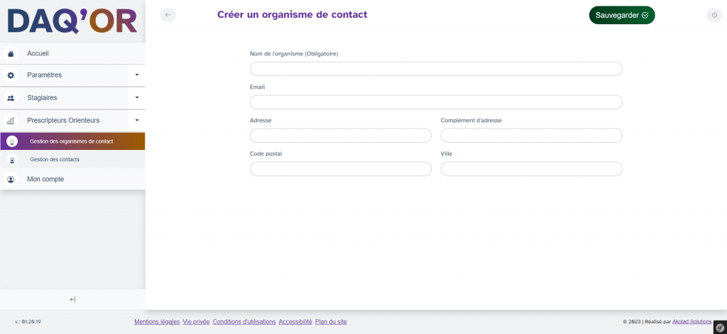 Capture d'écran de la page de création d'un organisme de contact du logiciel DAQ'OR