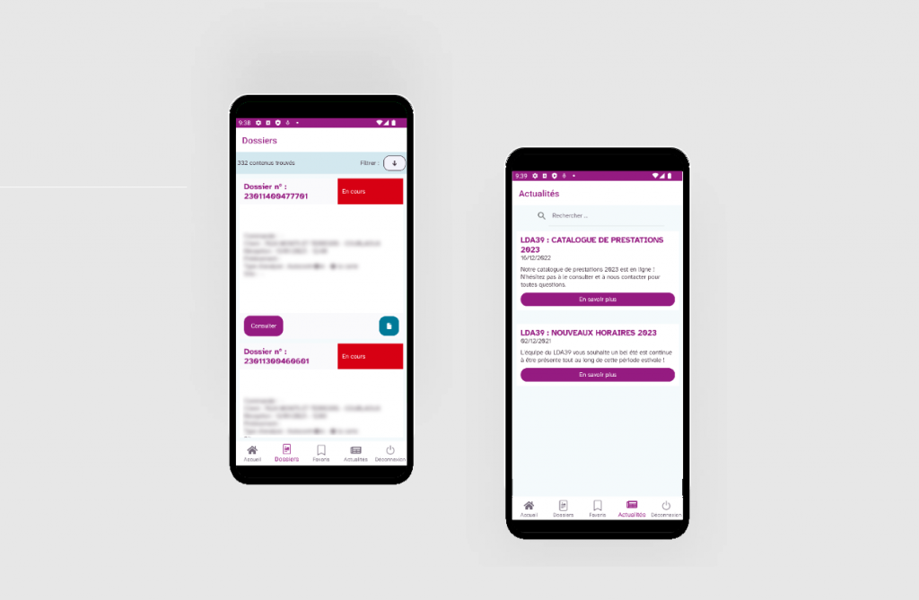 Vue mobile de la liste des dossier et des actualités de LDA
